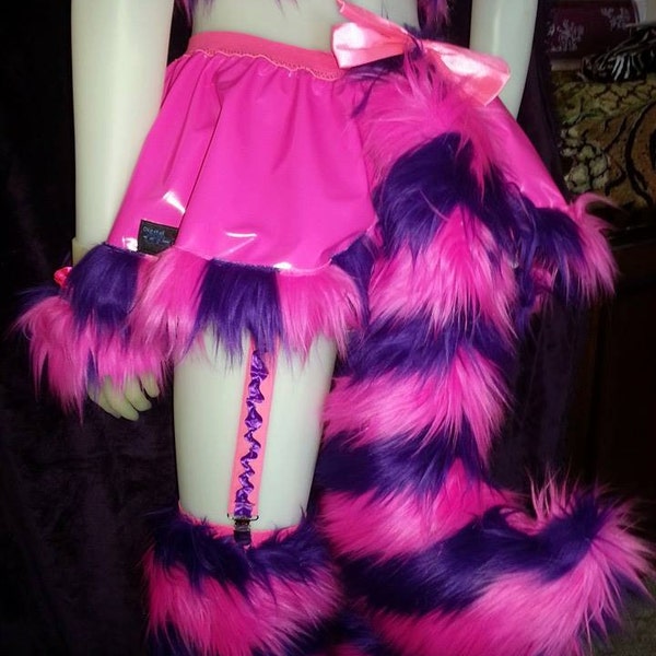 Cheshire cat vinyl  fur trimmed skirt with tail   - festival burning man edc rave outfit Halloween party