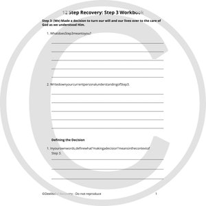 Puede incluir: Un cuaderno de trabajo con un círculo gris en la portada. El texto en la portada dice "12 Step Recovery: Step 3 Workbook". El texto en la página dice "Step 3: (We) Made a decision to turn our will and our lives over to the care of God as we understood Him."