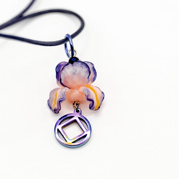 Addiction recovery handmade Narcotics Anonymous NA lampwork purple iris necklace, metallic leather cord, just for today, Recovery jewelry