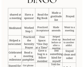 Tarjetas de bingo de recuperación, 12 pasos, TCC, salud mental (tarjetas descargables en PDF en archivo ZIP)