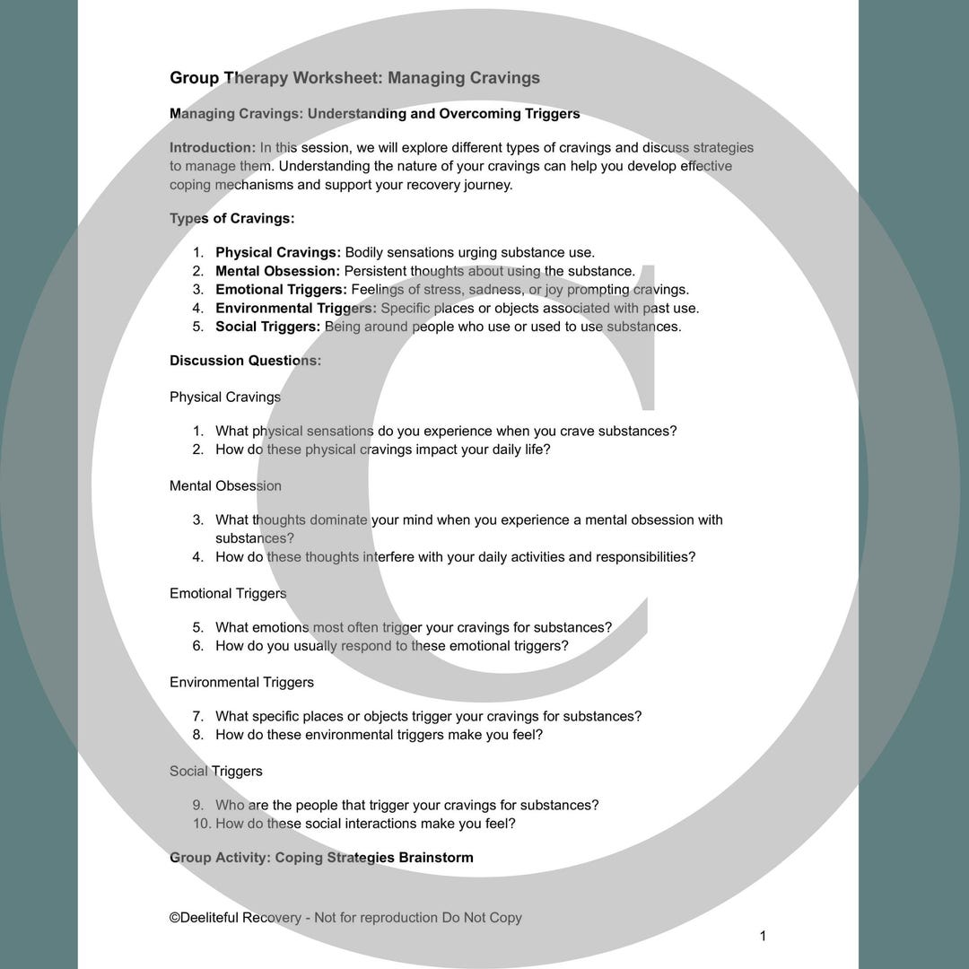 Managing Cravings Group Therapy Worksheet, Early Recovery Therapist Worksheets, Counselor