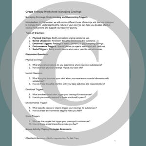 Managing Cravings Group Therapy Worksheet, Early Recovery therapist worksheets, counselor worksheets