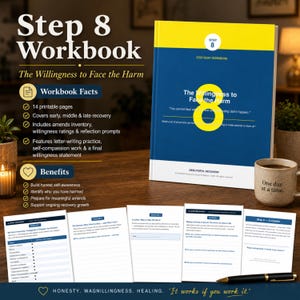 May include: A Step 8 Workbook titled The Willingness to Face the Harm with a blue and yellow cover. The workbook includes 14 printable pages covering recovery, amends inventory, and reflection prompts. Several internal pages are displayed below.