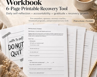 Pode incluir: Um caderno de exercícios imprimível de 6 páginas para o inventário do 10º passo, com sugestões de autorreflexão diária, perguntas de responsabilidade e seções de gratidão. As folhas brancas incluem o texto 10th Step Inventory Worksheet e note to self: DO NOT QUIT.