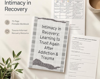 May include: A 75-page printable workbook titled Intimacy in Recovery: Learning to Trust Again After Addiction & Trauma. The document includes a Conflict Response Pattern Map and a Couples or Relationship Repair Contract Worksheet with text.