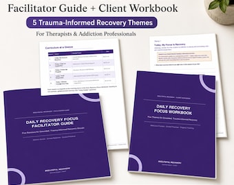 May include: A Daily Recovery Focus facilitator guide and client workbook bundle featuring purple covers with white text. The set includes a curriculum overview page and a sample workbook page with the title Today, My Focus Is Recovery.
