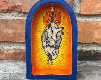 Blue Ceramic Sacred Heart Shrine Curio Shelf Alter