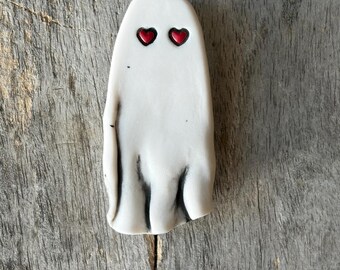 Porcelain Heart Eyes Ghost Brooch | Skull Pin | One of a Kind Art Pin| Gothic Lapel Pin | Punk Rock Accessory | Edgy Jacket Pin