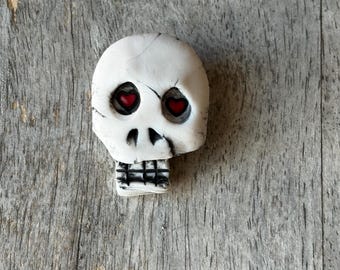 Porcelain Heart Eyes Skull Brooch | Skull Pin | One of a Kind Art Pin| Gothic Lapel Pin | Punk Rock Accessory | Edgy Jacket Pin