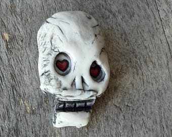 Porcelain Heart Eyes Skull Brooch | Skull Pin | One of a Kind Art Pin| Gothic Lapel Pin | Punk Rock Accessory | Edgy Jacket Pin