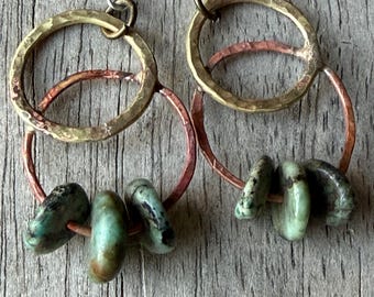 Hammered Brass & Copper Hoop Earrings with African Turquoise Chip Beads | Mixed Metal Dangle Earrings | Rustic Elegant Jewelry | Handmade