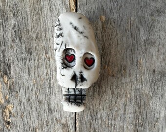 Porcelain Heart Eyes Skull Brooch | Skull Pin | One of a Kind Art Pin| Gothic Lapel Pin | Punk Rock Accessory | Edgy Jacket Pin