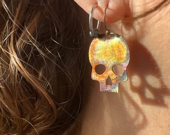 Rainbow Copper Skull Earrings