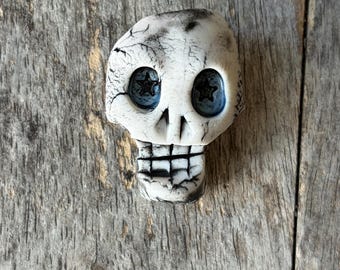 Porcelain Star Eyes Skull Brooch | Skull Pin | One of a Kind Art Pin| Gothic Lapel Pin | Punk Rock Accessory | Edgy Jacket Pin