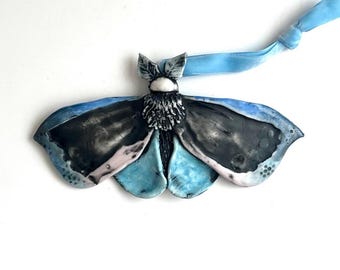 Blue, Lavender and Black Porcelain Moth Ornament