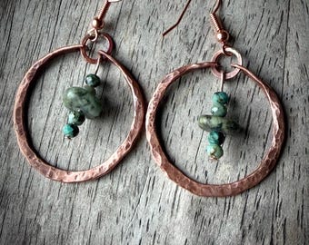 Hammered Copper Hoop Earrings with African Turquoise Chip Beads | Mixed Metal Dangle Earrings | Rustic Elegant Jewelry | Handmade