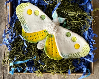 Yellow and Green Porcelain Moth Ornament