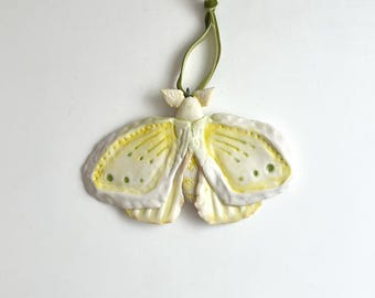 Yellow and Green Porcelain Moth Ornament