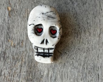 Porcelain Heart Eyes Skull Brooch | Skull Pin | One of a Kind Art Pin| Gothic Lapel Pin | Punk Rock Accessory | Edgy Jacket Pin