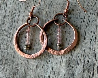 Hammered Copper Hoop Earrings with Faceted Strawberry Quartz Beads | Mixed Metal Dangle Earrings | Rustic Elegant Jewelry | Handmade