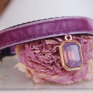 Collar de gato hecho a mano con diamantes de imitación de lavanda. Collar de perro pequeño morado, collar de perro pequeño. Collar de gato. Collar de cachorro. Collar de gatito. Collar de perro en forma de taza de té