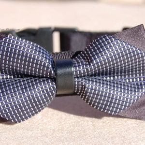 May include: A black and white patterned bow tie with a black leather strap. The bow tie is attached to a black collar.