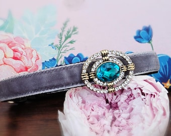 Blue rhinestone Cat collar,grey velvet cat collar,breakaway puppy collar.Tea cup dog collar.tiny dog wedding collar,kitten collar.cat gift