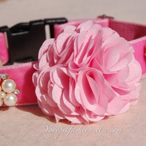 Modern dog collar,wedding dog collar.party dog collar.bright pink flower with pearl flowers dog collar.pet gift, Pet Birthday gift