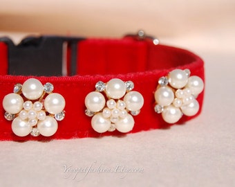 Christmas Dog collar,Perfect gift for dog ,cute red panne velvet with pearl flowers dog collar.Afternoon tea dog collar.dog wedding collar