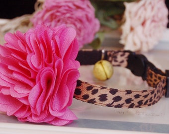 Cat collar,Beautiful hot pink flower Tiny dog collar, Leopard print small dog collar.cat collar.puppy collar.kitten collar.teacup dog collar
