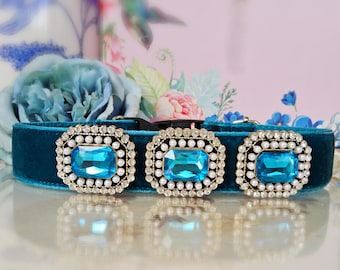 Luxury peacock blue dog collar.party dog collar.Blue rhinestone dog collar,modren velvet dog collar.birthday dog gift.wedding dog collar