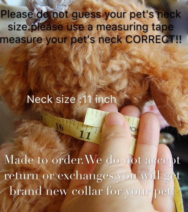May include: Close-up of a yellow measuring tape around a dog's neck. The tape reads "11 inch". The text on the image reads "Please do not guess your pet's neck size. Please use a measuring tape measure your pet's neck CORRECT!! Made to order. We do not accept return or exchanges. You will get brand new collar for your pet!"