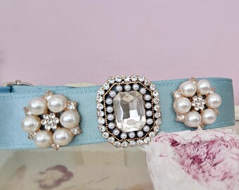 Modern light blue wedding dog collar!Perfect gift for dog.satin with pearl flowers dog collar. Wedding dog collar.blue dog wedding collar