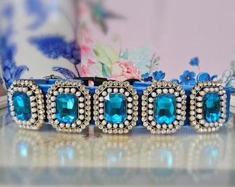 Luxury dog collar.peacock blue velvet dog collar.party dog collar.wedding dog collar.modern Blue rhinestone dog collar.birthday dog gift.