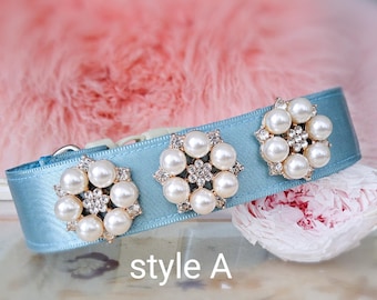 Modern light blue wedding dog collar!Perfect gift for dog.satin with pearl flowers dog collar. Wedding dog collar.blue dog wedding collar