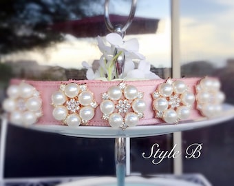 Luxury Beautiful rose pink satin dog collar,pearl wedding dog collar.party dog collar.Pet Birthday gift.dog wedding collar.modern dog collar