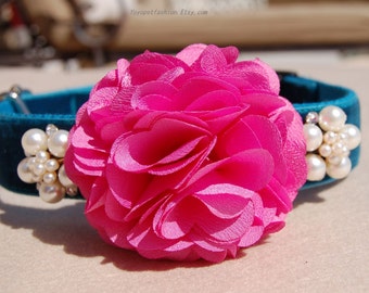 Beautiful dog collar,wedding dog collar.Birthday party dog collar. peacock blue with hot pink flower dog collar.pet gift, Pet Birthday gift