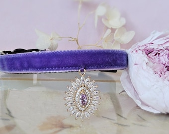 Blue purple cat collar.Handmade safe breakaway Tiny dog collar,velvet small dog collar.puppy collar.tea cup dog collar.rhinestone Cat collar