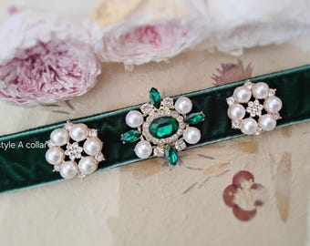 Luxury dark green dog collar.party dog collar. rhinestone dog collar,modren velvet dog collar.birthday dog gift.Luxury wedding dog collar