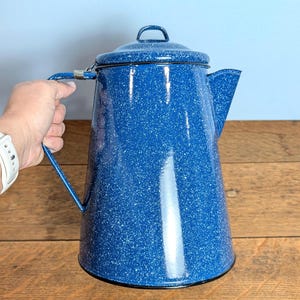 Vintage Large Speckled Enamelware Kettle, Graniteware, Camping Coffee Pot