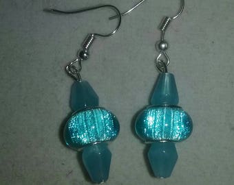 Blue Sparkle Lampwork Blown Glass Bead Dangle Style Handmade Earrings