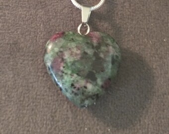 Ruby Zoisite Gemstone Heart Pendant On Silver Snake Chain Necklace