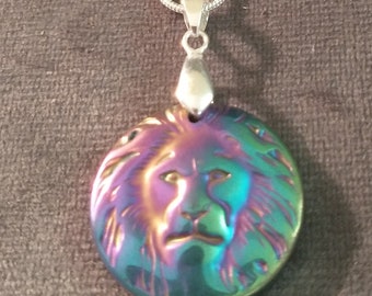 Handmade Necklace Rainbow Hematite Lion Head Pendant On Silver Snake Chain Necklace