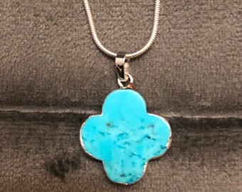 Pendant On Chain, Genuine Natural Stabilized Turquoise, Gemstone, Four Leaf Clover, Pendant, Silver Snake Chain Necklace