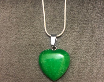 Green Jade Gemstone Heart Pendant On Silver Chain