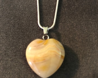 Yellow Crazy Lace Agate Gemstone Heart Pendant On Silver Snake Chain Necklace