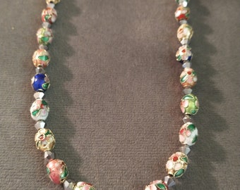 Handmade Necklace Multi Color Cloisonne Bead & Crystal Beaded Necklace