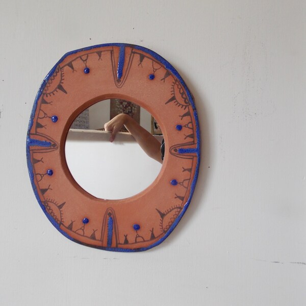 Vintage Studio Pottery Mirror Round Oval Handpainted Ceramic Art Wall Decor