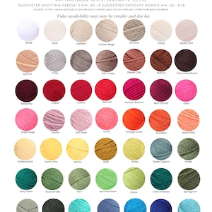 K&ouml;nnte beinhalten: Eine Farbreferenzkarte f&uuml;r Loops and Threads Impeccable Garn mit 49 kreisf&ouml;rmigen Garnmustern in verschiedenen Farbt&ouml;nen. Der Text enth&auml;lt Markennamen, Materialzusammensetzung, Strickmaschenprobe und empfohlene Nadelst&auml;rken in Zentimetern.