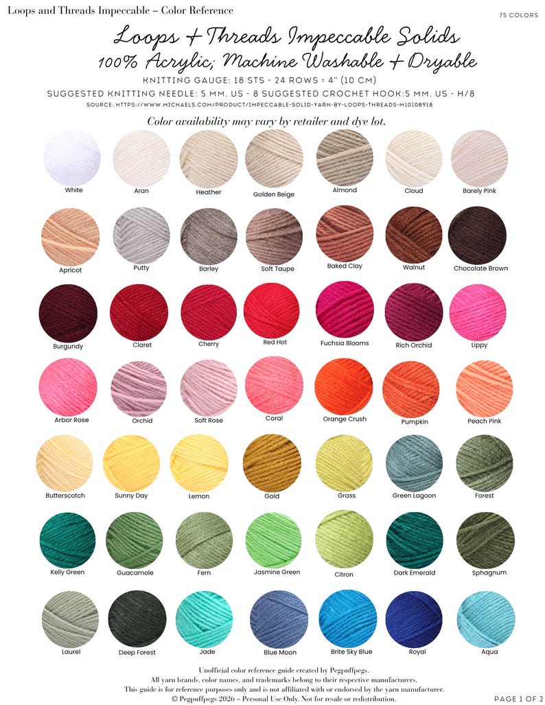 K&ouml;nnte beinhalten: Eine Farbreferenzkarte f&uuml;r Loops and Threads Impeccable Garn mit 49 kreisf&ouml;rmigen Garnmustern in verschiedenen Farbt&ouml;nen. Der Text enth&auml;lt Markennamen, Materialzusammensetzung, Strickmaschenprobe und empfohlene Nadelst&auml;rken in Zentimetern.